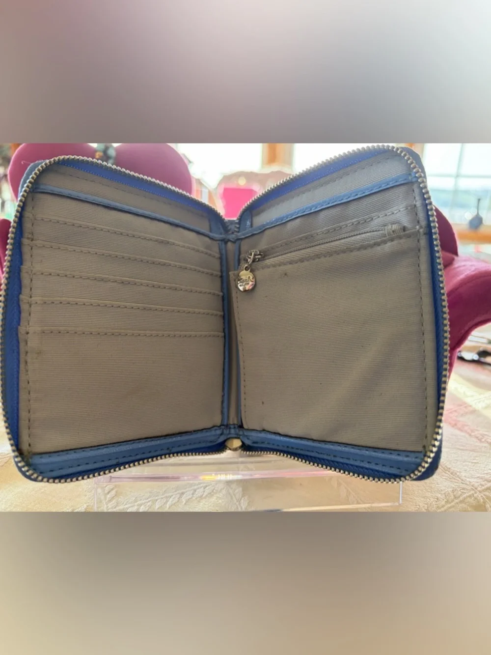 Coach Peyton Zip Around Canvas Wallet in Brown with Blue Trim